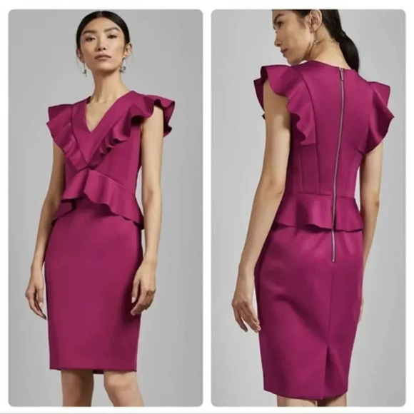 NWT TED BAKER Alair Ruffle Peplum Bodycon Dress Hot Pink Size 3 US Size 8 - Picture 1 of 10